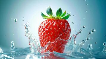A strawberry is splashing water on a blue background photo