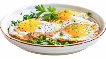Two fried eggs in a bowl with parsley photo