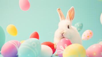 A white rabbit surrounded by colorful eggs photo
