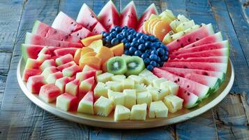 A plate of sliced fruit on a wooden table photo