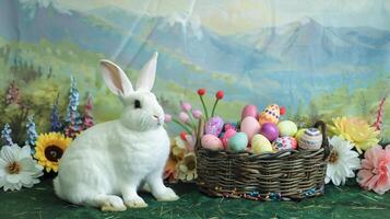 A white rabbit is sitting next to a basket with colorful eggs photo