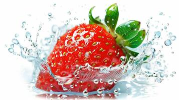 A strawberry is splashing water on a white background photo