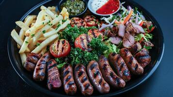 A plate of food with sausages, fries and salad photo