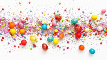 Colorful confetti and candy eggs on a white background photo