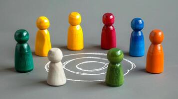 A group of wooden people standing in a circle photo