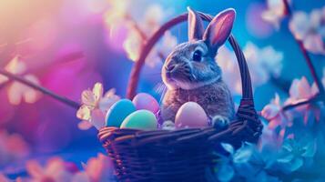 Easter bunny in basket with colorful eggs photo