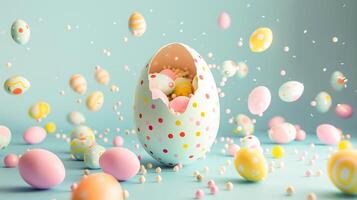 An easter egg with colorful eggs scattered around it photo