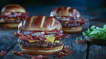 Three hamburgers with bacon and cheese on them photo