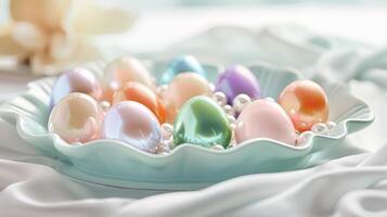 A bowl filled with colored eggs and pearls photo