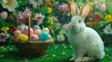 White rabbit with easter eggs in the grass photo