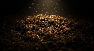 A pile of worms in the dark with light coming from the top photo