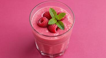 A smoothie with raspberries and mint on a pink background photo