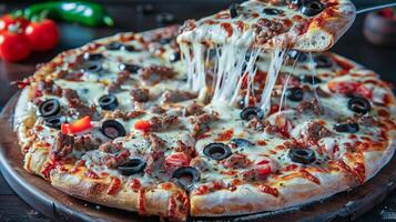A pizza with meat, olives and cheese photo