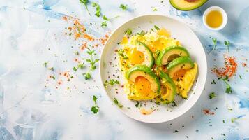 Avocado and eggs on a plate with a bowl of sauce photo
