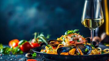 Pasta with mussels and seafood in a bowl with a glass of wine photo
