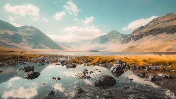 A lake surrounded by mountains and grass photo