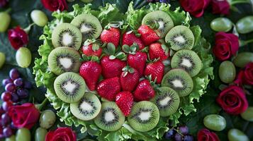 A heart shaped arrangement of kiwi, strawberries and red roses photo