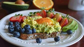 Avocado toast with blueberries and strawberries photo