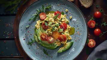 Scrambled eggs with avocado and tomatoes photo