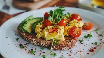 Scrambled eggs with tomatoes and avocado on toast photo