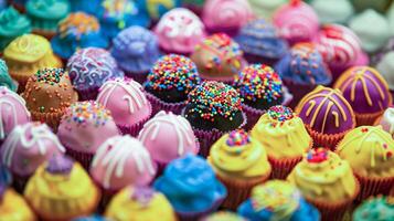 A bunch of cupcakes with colorful frosting photo