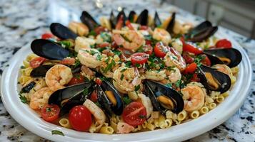 A plate of pasta with seafood and tomatoes photo