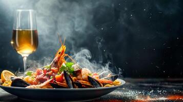 A bowl of seafood with wine and a glass of champagne photo