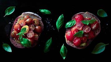 Two slices of bread with tomatoes and basil leaves photo
