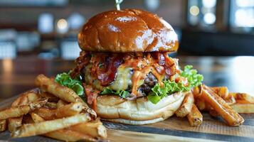 A burger with fries and a drink on a wooden board photo