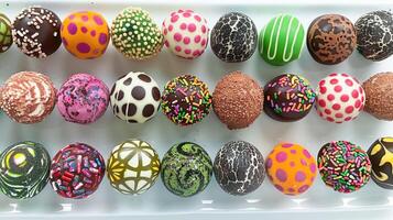 A tray of colorful eggs with different designs photo