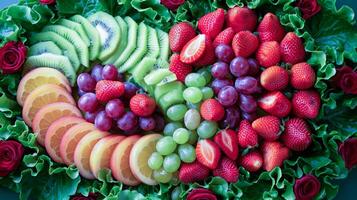 A large plate of fruit arranged in a heart shape photo