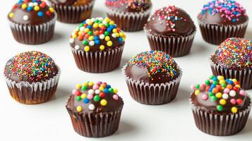 A group of chocolate cupcakes with sprinkles photo