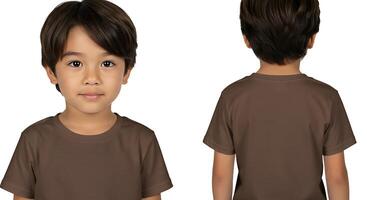 A boy wearing a brown t - shirt on a white background photo