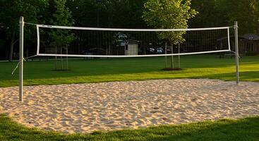 A volleyball net in a park photo