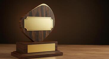 A trophy on a wooden table with a dark background photo