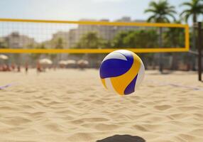 A volleyball ball is on the beach in front of a net photo