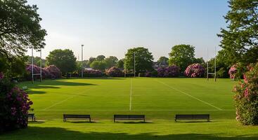 A grassy field with benches and a soccer field photo