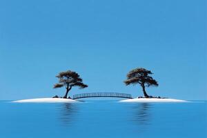 Two trees on an island with a bridge over the water photo