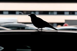 A bird is perched on the hood of a car photo