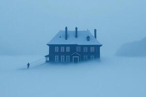 A house in the fog with a person standing on the roof photo