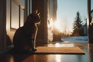 A cat sitting on a mat in front of a door photo