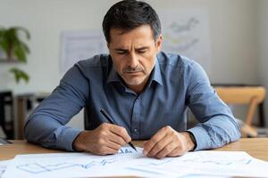 A man is writing on a piece of paper while looking at graphs photo
