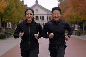 A man and woman jogging on a paved path photo