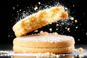 A close up of a sugar cookie being sprinkled with powdered sugar photo