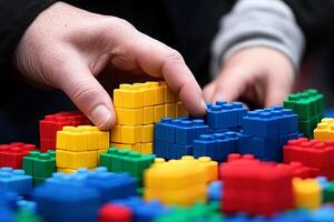A child's hand is holding a large pile of colorful lego blocks photo