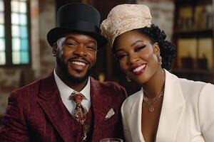 A man and woman in suits posing for a photo