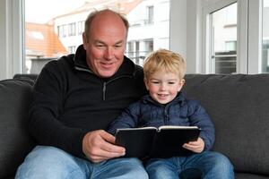 A man and a boy sitting on a couch reading a book photo