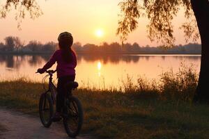 A girl riding a bike on a path near a lake at sunset photo