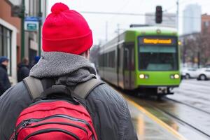 A man wearing a red hat and a backpack photo