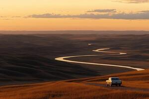 A car driving down a road with a river in the background photo